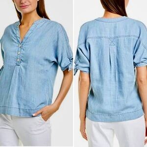 TRINA TURK Calle Ocho  Linen Blend Tie Sleeve 3 Button Front V-Neck Top~L💛